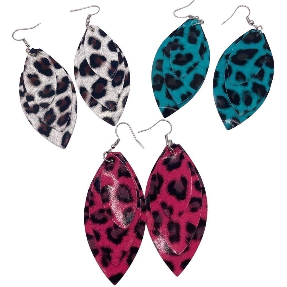 3 pairs animal print layered Faux Leather Earrings